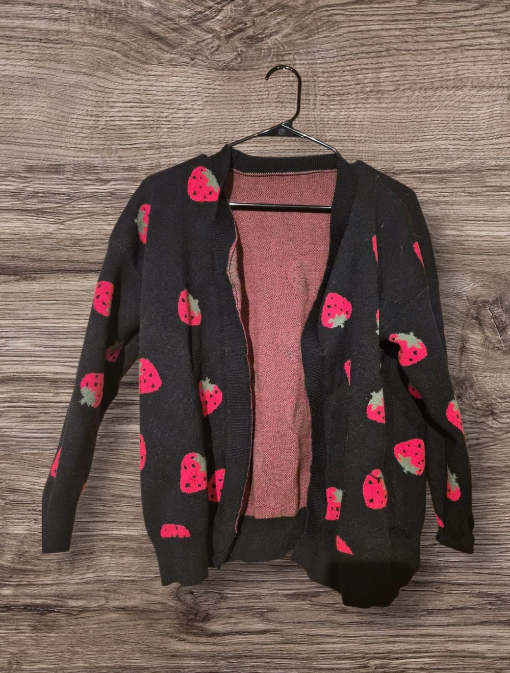 Black Strawberry-Print Open Cardigan Sweater